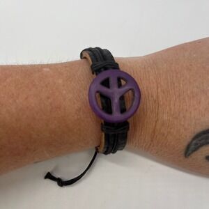 Vtg 90s Y2K Black Leather Purple Peace Sign Bracelet Adjustable Hippie Boho EUC